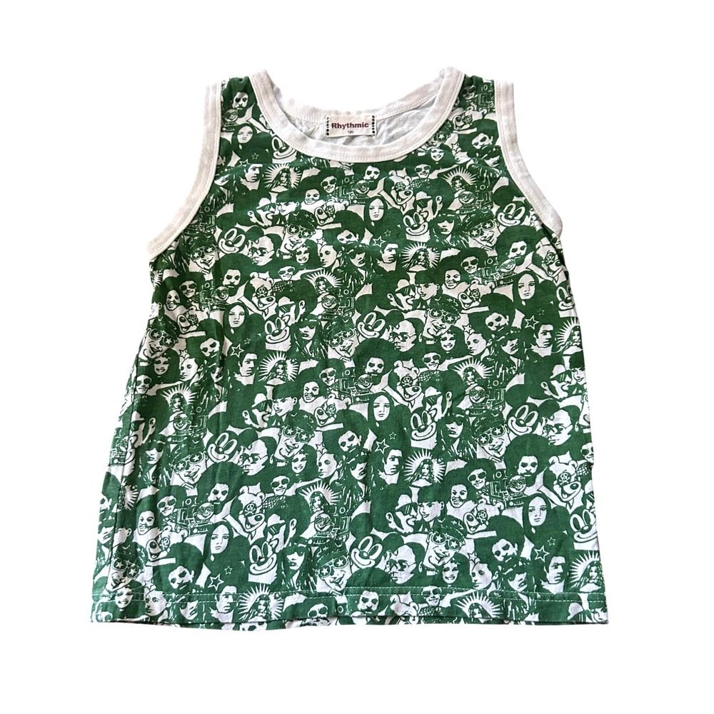 Rhythmic Green White Graphic Collage Print Cotton Tank Top Size 120 Japan